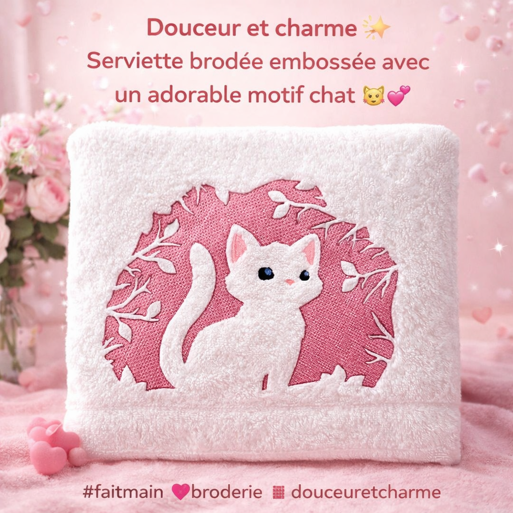 Serviette brodée embossée – Motif Chat • Douceur & Relief 3D