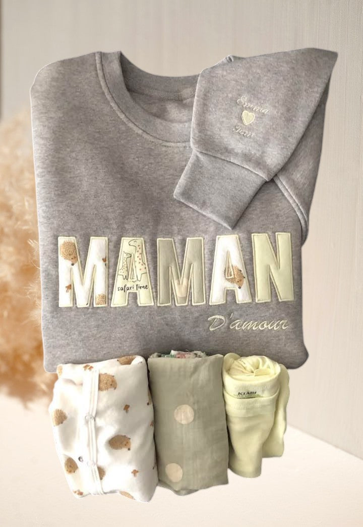 Sweat Memories col rond MAMAN - Je t'aime - broderie manche prénom simple