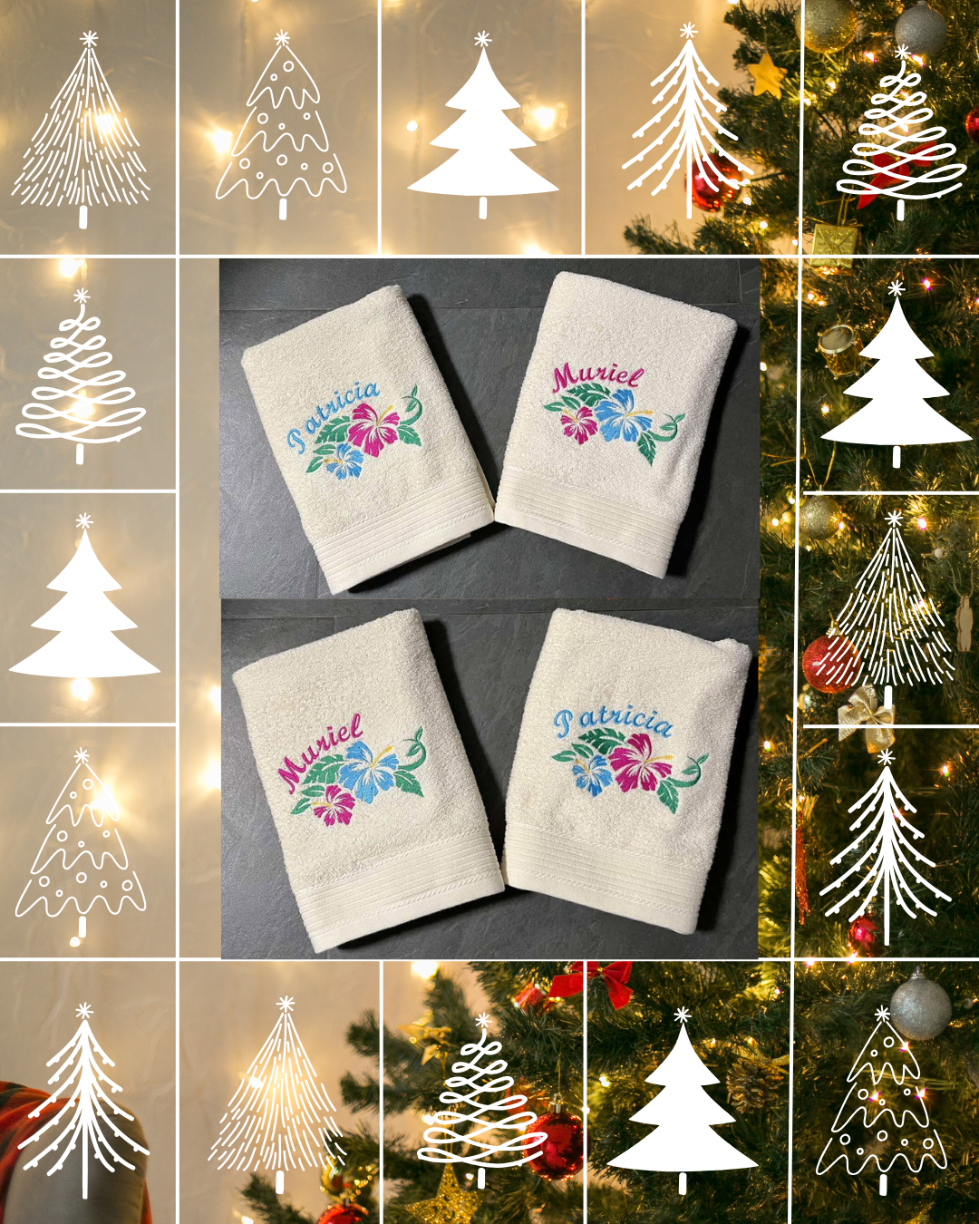 Serviette de bain en bambou personnalisée • Broderie prénom + motif hibiscus • Cadeau artisanal